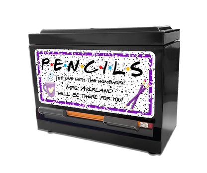 Custom Pencil Dispenser Waterproof Vinyl Decal OR Magnetic Decal Personalized with a name, Purple Pencil Theme, Teacher Appreciation Gift