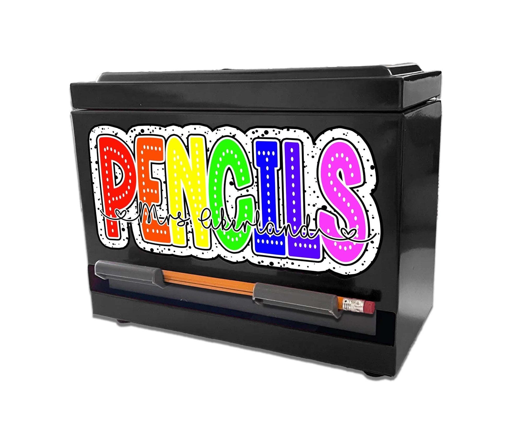 Custom Pencil Dispenser Vinyl Decal Personalized with a name, Rainbow Dots, Dalmatian Dots, Waterproof, Classroom Decor, Pencil Box Decals