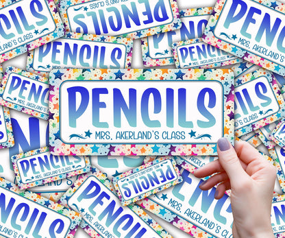Pencil Dispenser Vinyl Decal Personalized with a name, Waterproof Vinyl Decal for Dispenser, Stars Classroom Theme Decal, Classroom Decor