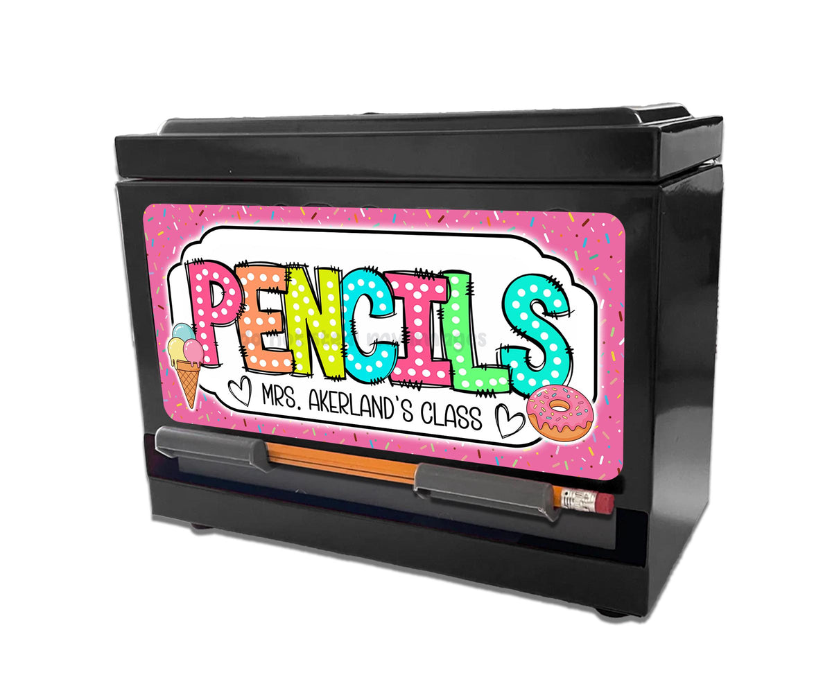 Pencil Dispenser Waterproof Vinyl Decal OR Magnetic Decal Personalized with a name, Ice Cream Theme, Teacher Appreciation Gift, Class Decor
