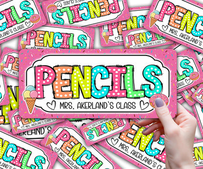 Pencil Dispenser Waterproof Vinyl Decal OR Magnetic Decal Personalized with a name, Ice Cream Theme, Teacher Appreciation Gift, Class Decor