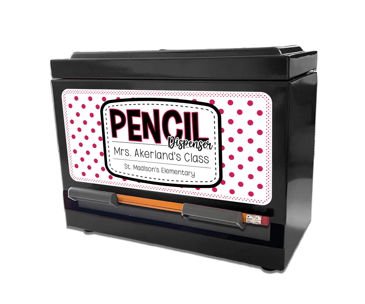 Custom Pencil Dispenser Waterproof Vinyl Decal OR Magnetic Decal Personalized with a name, Pink Polka dot Theme, Teacher Appreciation Gift