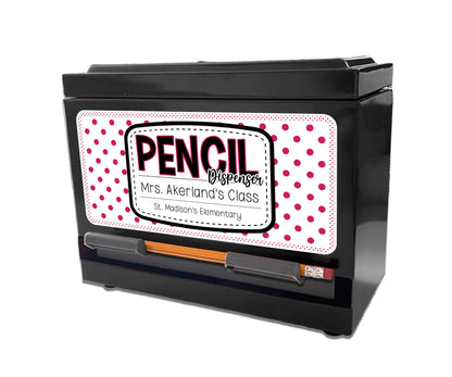 Custom Pencil Dispenser Waterproof Vinyl Decal OR Magnetic Decal Personalized with a name, Pink Polka dot Theme, Teacher Appreciation Gift