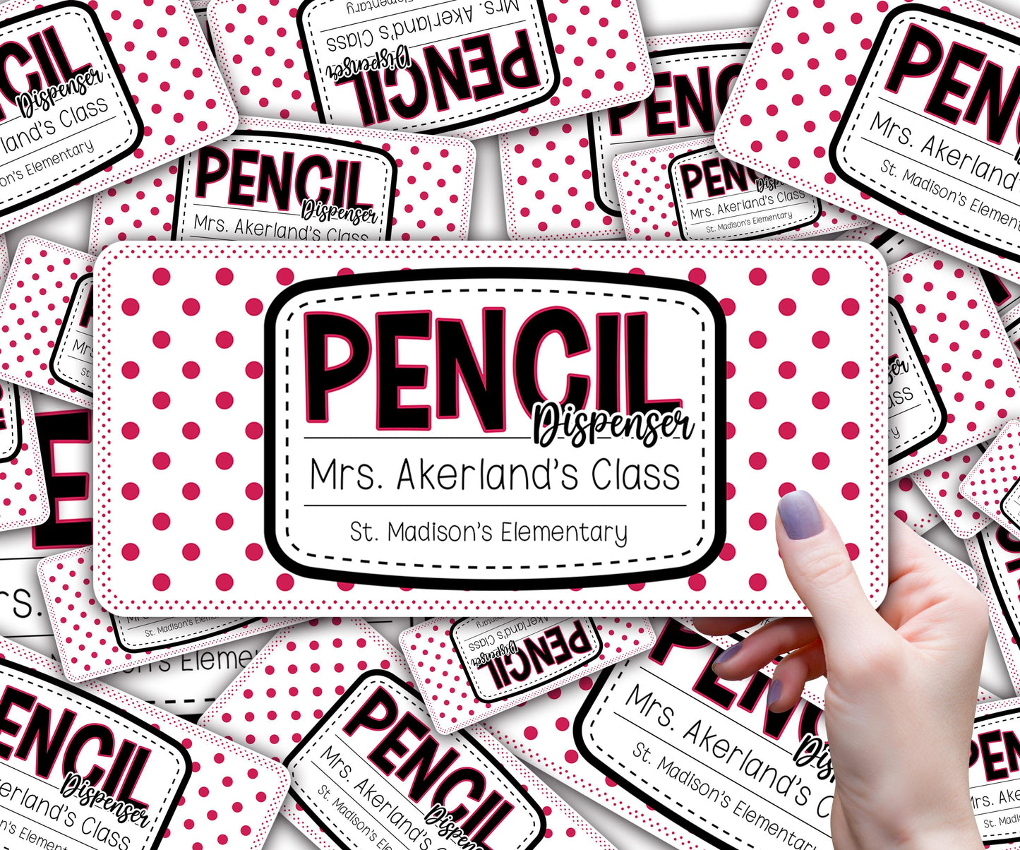 Custom Pencil Dispenser Waterproof Vinyl Decal OR Magnetic Decal Personalized with a name, Pink Polka dot Theme, Teacher Appreciation Gift