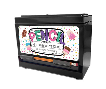 Custom Pencil Dispenser Waterproof Vinyl Decal OR Magnetic Decal Personalized with a name, Pastel Ice Cream Theme, Teacher Appreciation Gift