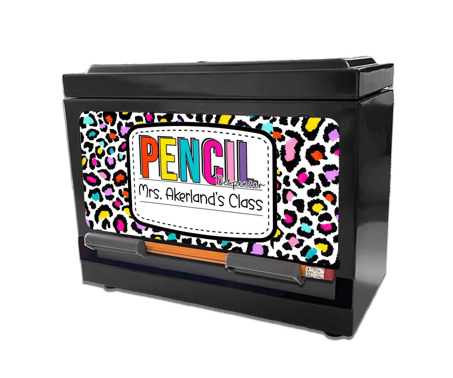 Custom Pencil Dispenser Waterproof Vinyl Decal OR Magnetic Decal Personalized with a name, Neon Leopard Theme, Teacher Appreciation Gift