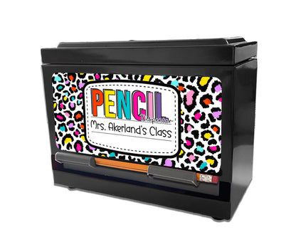 Custom Pencil Dispenser Waterproof Vinyl Decal OR Magnetic Decal Personalized with a name, Neon Leopard Theme, Teacher Appreciation Gift