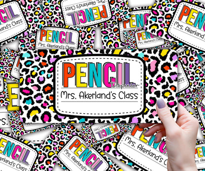 Custom Pencil Dispenser Waterproof Vinyl Decal OR Magnetic Decal Personalized with a name, Neon Leopard Theme, Teacher Appreciation Gift