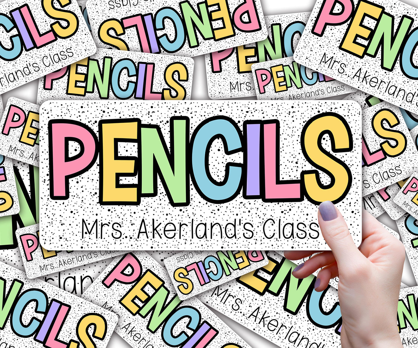 Custom Pencil Dispenser Waterproof Vinyl Decal OR Magnetic Decal Personalized with a name, Rainbow Dotted Theme, Teacher Appreciation Gift