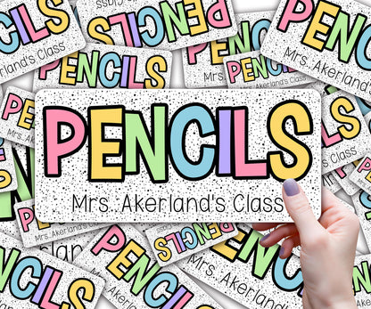 Custom Pencil Dispenser Waterproof Vinyl Decal OR Magnetic Decal Personalized with a name, Rainbow Dotted Theme, Teacher Appreciation Gift