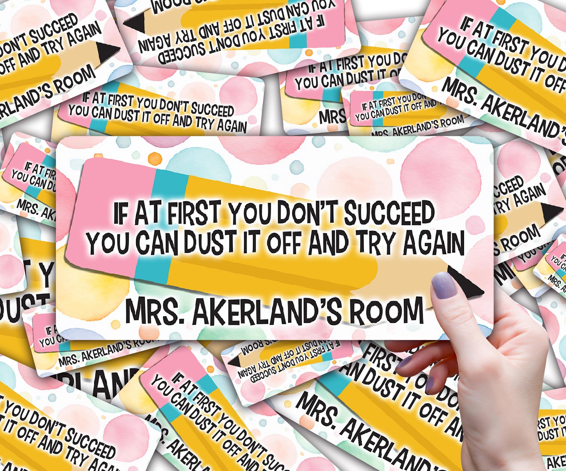 Custom Pencil Dispenser Waterproof Vinyl OR Magnetic Decal Personalized with a name, Dust it off and try again, Teacher Appreciation Gift