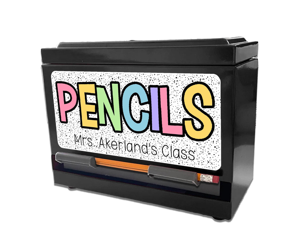 Custom Pencil Dispenser Waterproof Vinyl Decal OR Magnetic Decal Personalized with a name, Rainbow Dotted Theme, Teacher Appreciation Gift