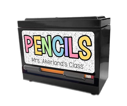 Custom Pencil Dispenser Waterproof Vinyl Decal OR Magnetic Decal Personalized with a name, Rainbow Dotted Theme, Teacher Appreciation Gift