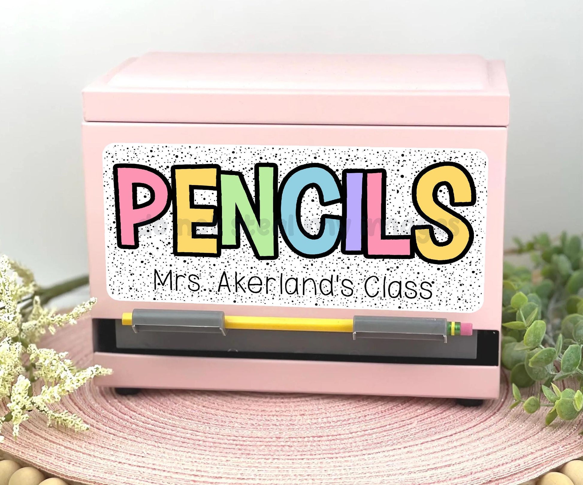 Custom Pencil Dispenser Waterproof Vinyl Decal OR Magnetic Decal Personalized with a name, Rainbow Dotted Theme, Teacher Appreciation Gift