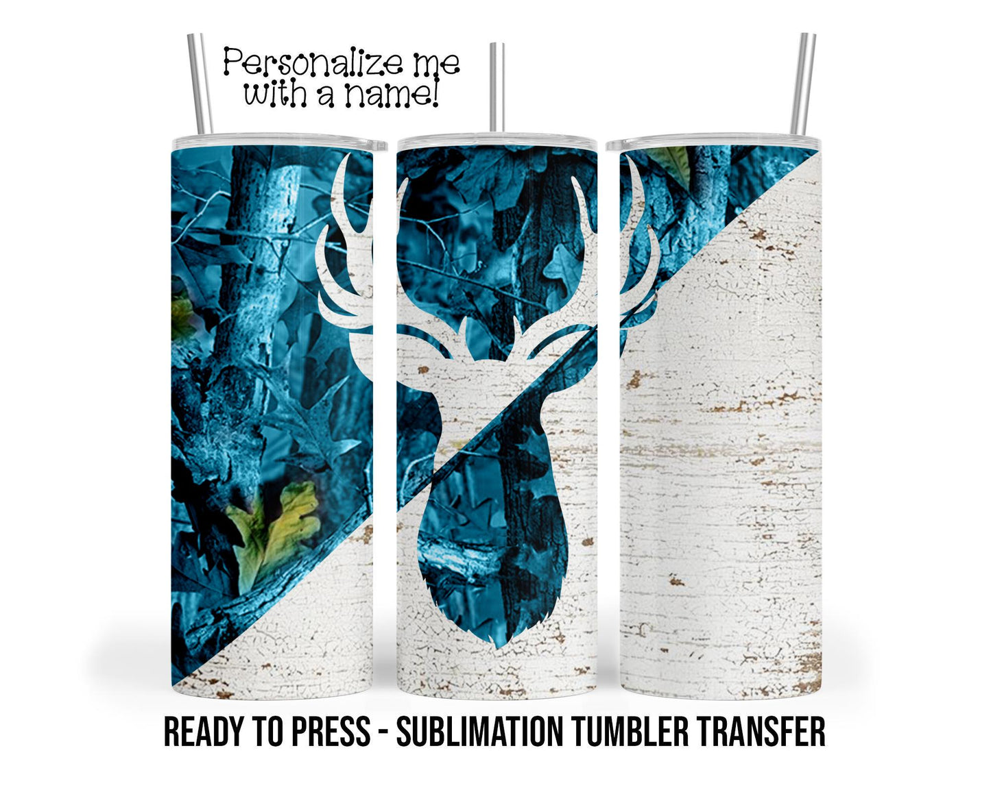 Deer, Buck Blue Camo Sublimation Tumbler Transfer Print For 20 oz Tumblers - 30 oz Tumblers - Ready To press - Heat Transfers