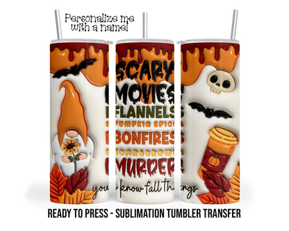 Fall Gnome Tumbler Sublimation Transfer, 20oz & 30oz, Halloween Puff Look