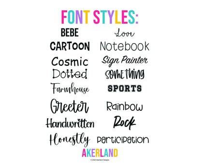 Akerland Prints personalization font choices, including Rock, the default font.