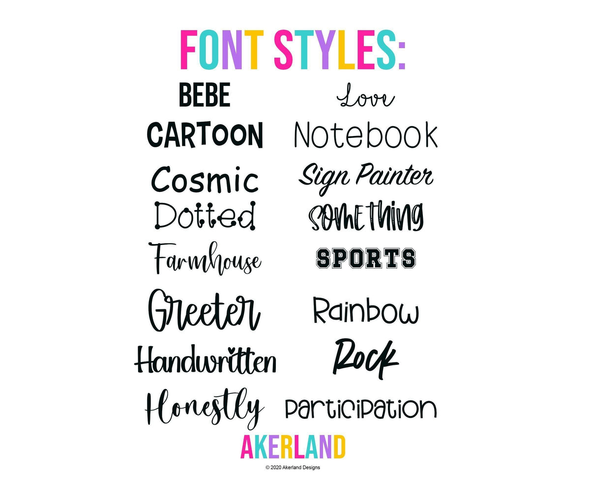 Akerland Prints personalization font choices, including Rock, the default font.