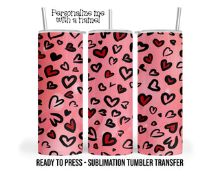 Personalized Valentine Hearts Tumbler Sublimation Transfer, 20oz & 30oz, Pink and Black