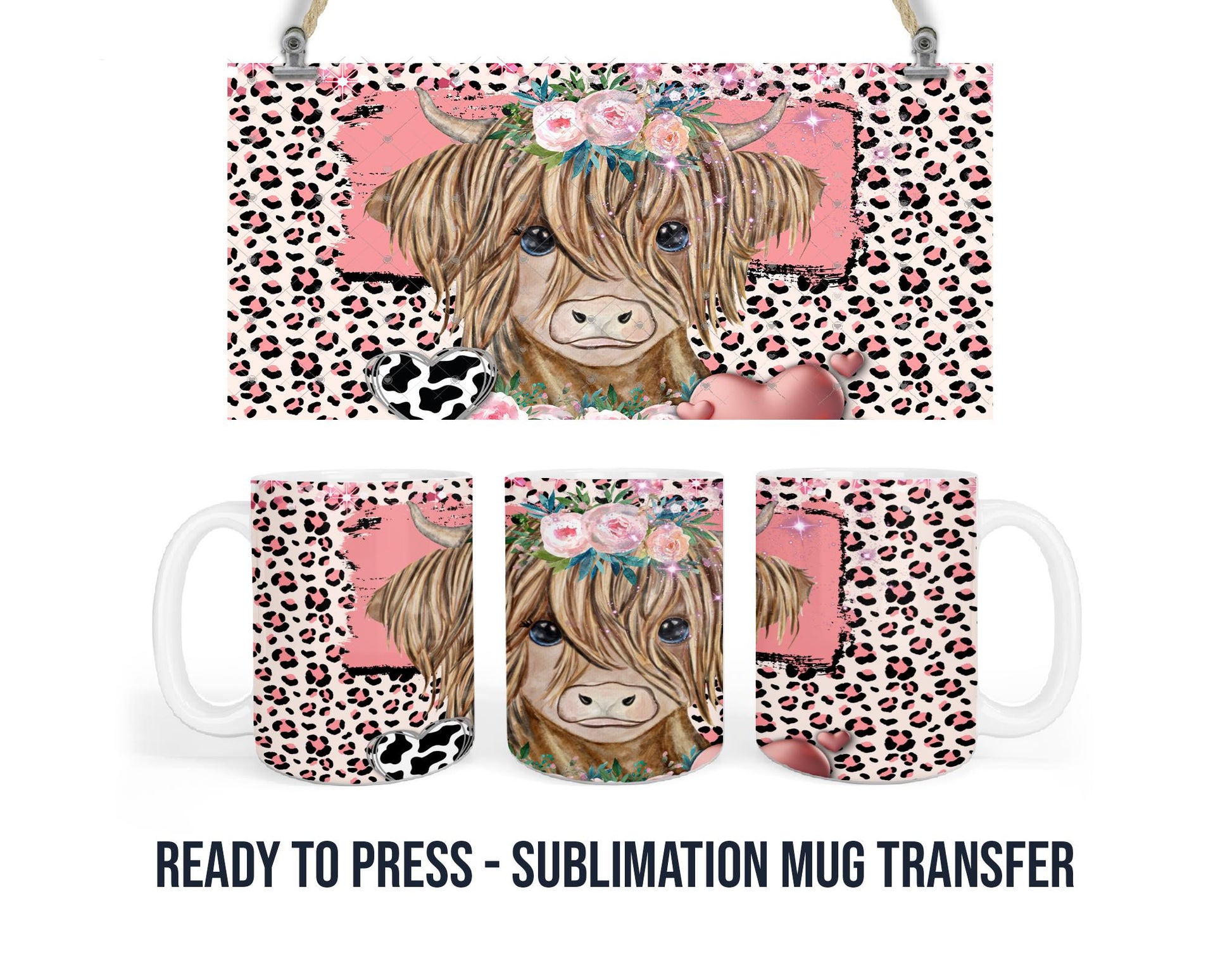 Pink Leopard Print Highland Cow - Sublimation Transfer Print For 11 oz - 15 oz Mugs - Ready To press - Heat Transfer