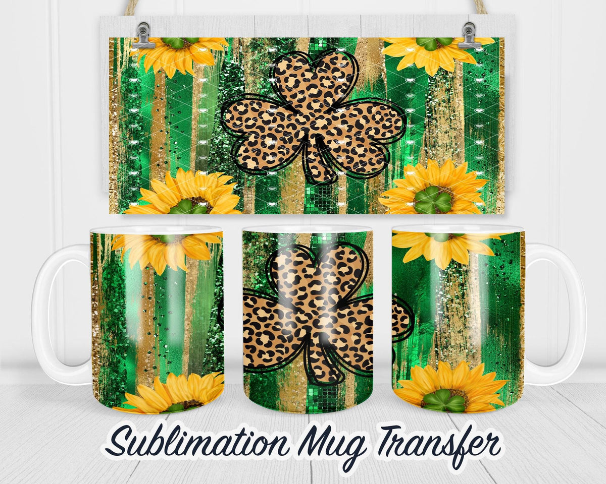 Leopard Shamrock Mug Sublimation Transfer, 11oz & 15oz, Sunflowers and Green Stripes