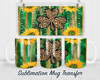 Leopard Shamrock Mug Sublimation Transfer, 11oz & 15oz, Sunflowers and Green Stripes