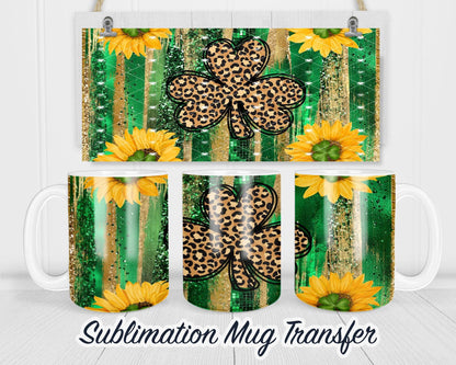 Leopard Shamrock Mug Sublimation Transfer, 11oz & 15oz, Sunflowers and Green Stripes