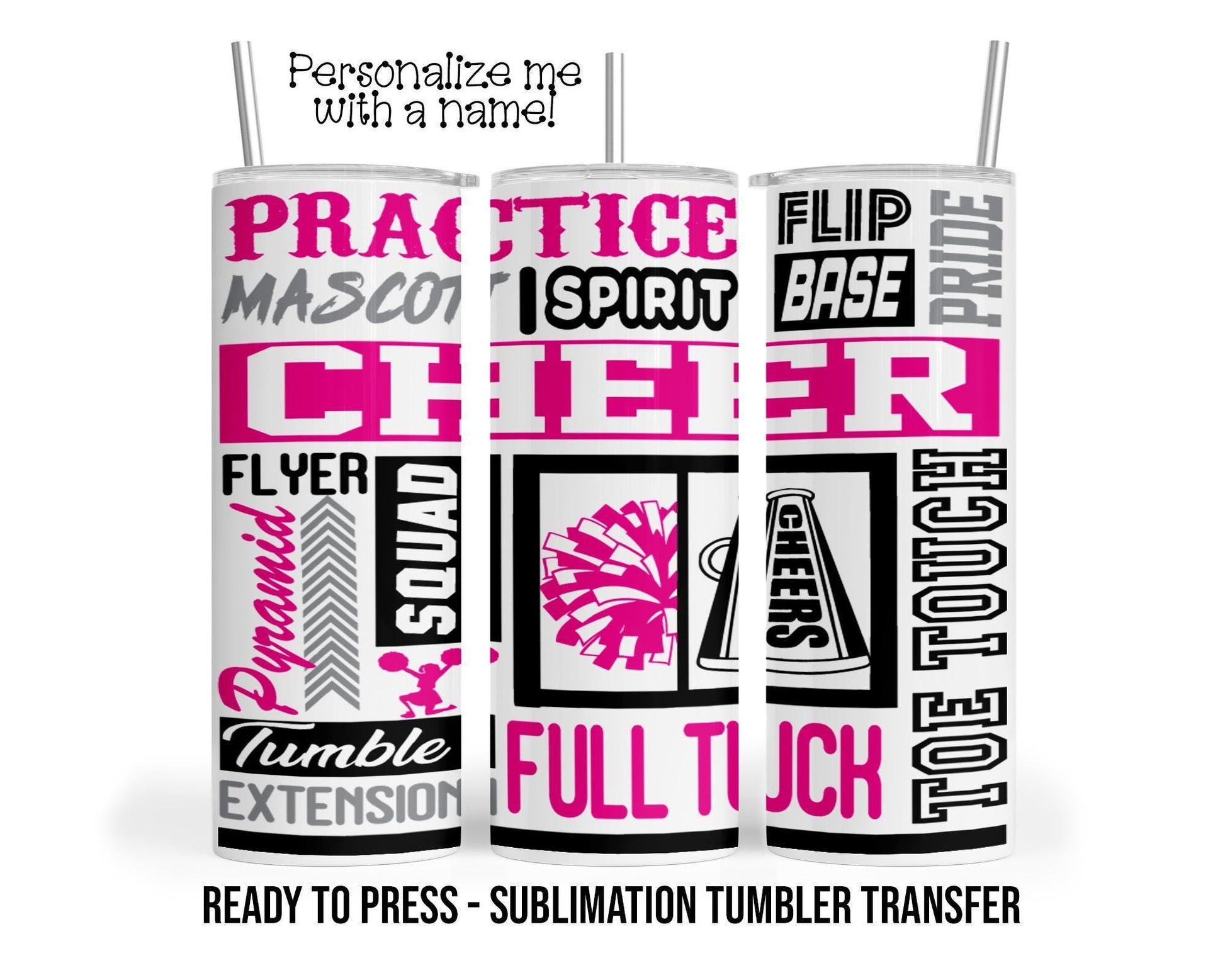 Pink Cheer Sublimation Tumbler Transfer Print For 20 oz Tumbler - 30 oz Tumbler - Ready to Press Heat Transfers