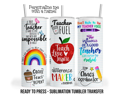 Teacher Love Inspire Sublimation Tumbler Transfer Print For 20 oz Tumblers - 30 oz Tumblers - Ready To press Heat Transfers