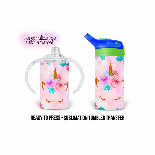Pink floral unicorn printed sublimation transfer shown on kids sippy and flip top tumblers; name personalization available.
