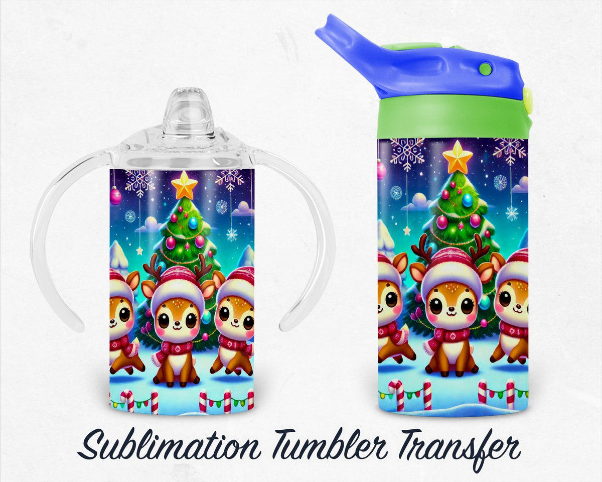 Christmas Reindeer - Kids 12 oz Sippy Sublimation Tumbler Transfer - Ready To press Heat Transfers
