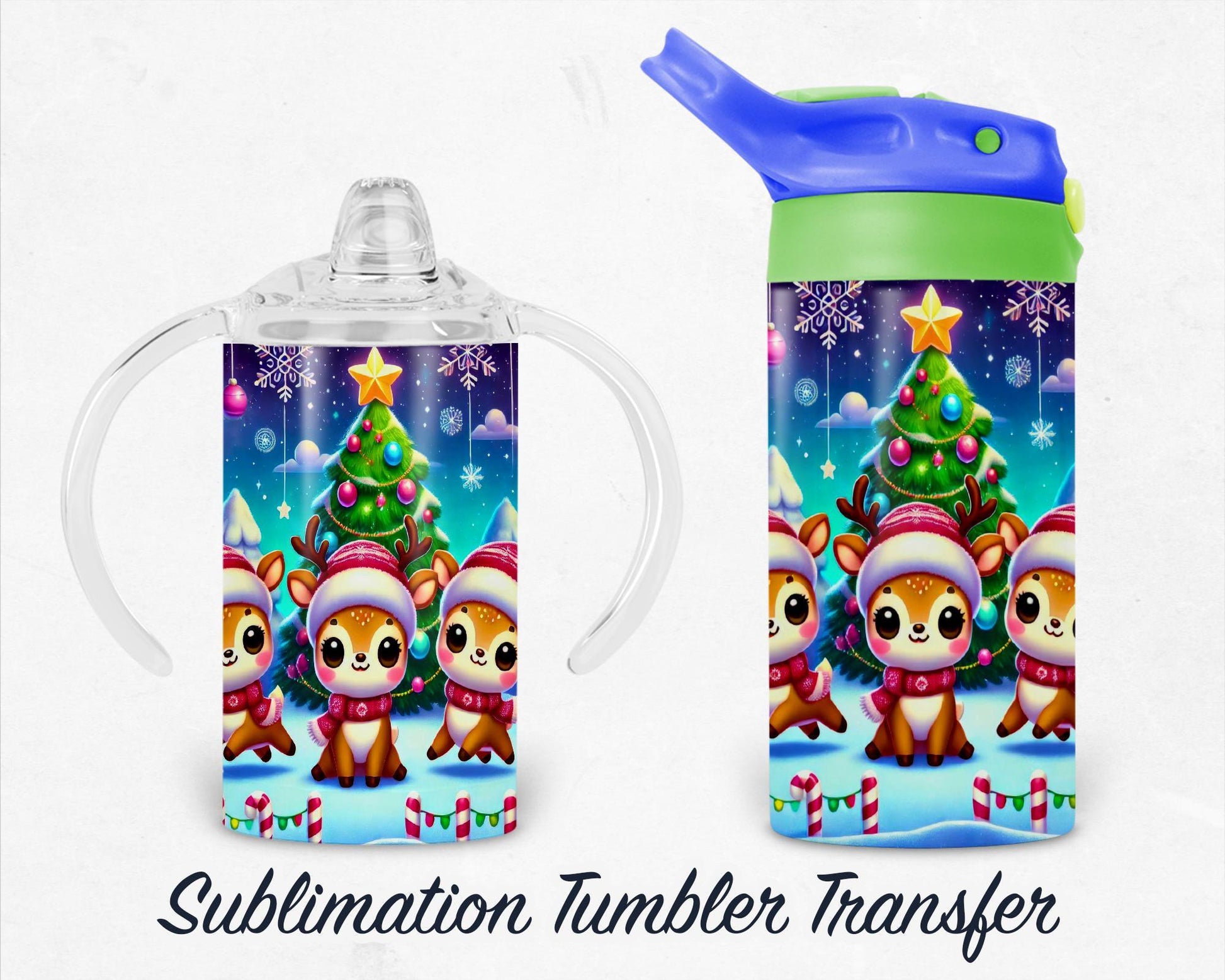 Christmas Reindeer - Kids 12 oz Sippy Sublimation Tumbler Transfer - Ready To press Heat Transfers