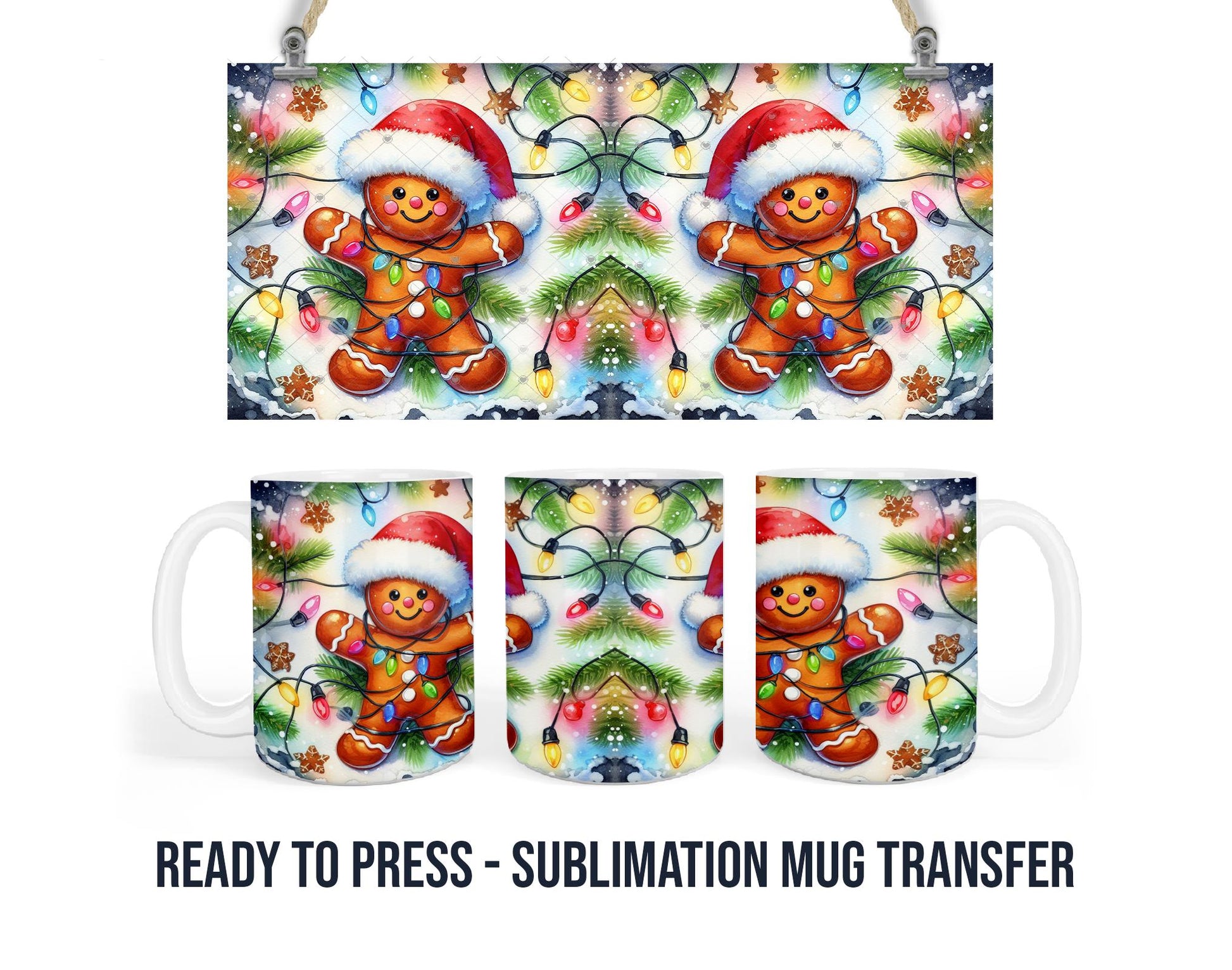 Gingerbread Man Christmas -Sublimation Mug Transfer Print For 11 oz - 15 oz Mugs - Ready To press Heat Transfer