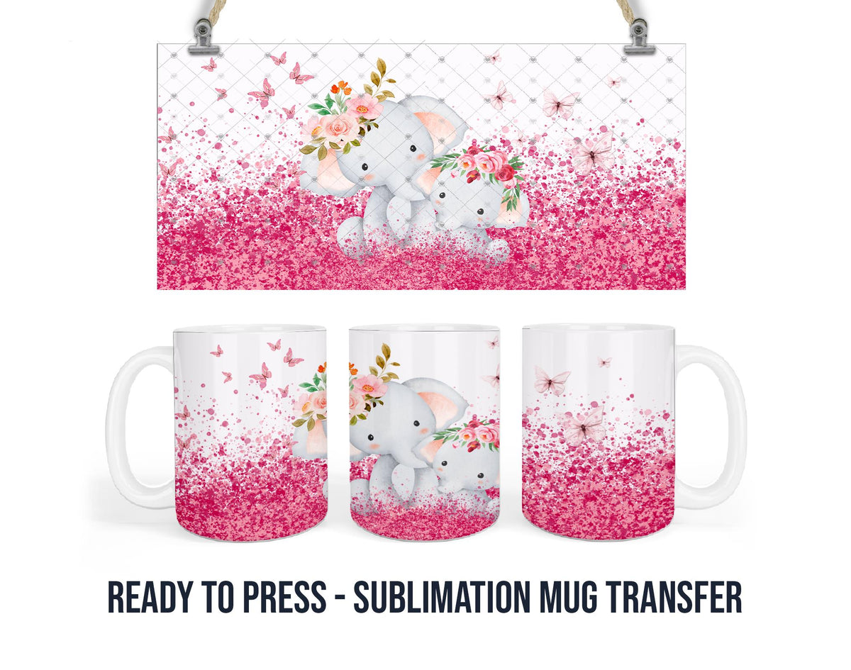 Baby Elephant Pink Glitter Sublimation Mug Transfer Print For 11 oz - 15 oz Mugs - Ready To press - Heat Transfer