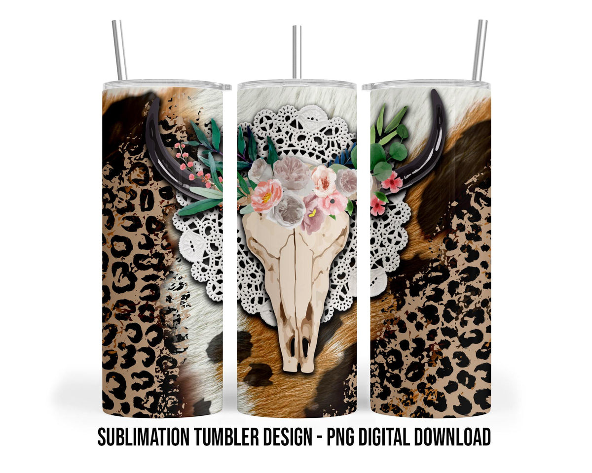 Boho Western Bull Skull 20 oz Sublimation Tumbler Design PNG Digital Download | SEAMLESS