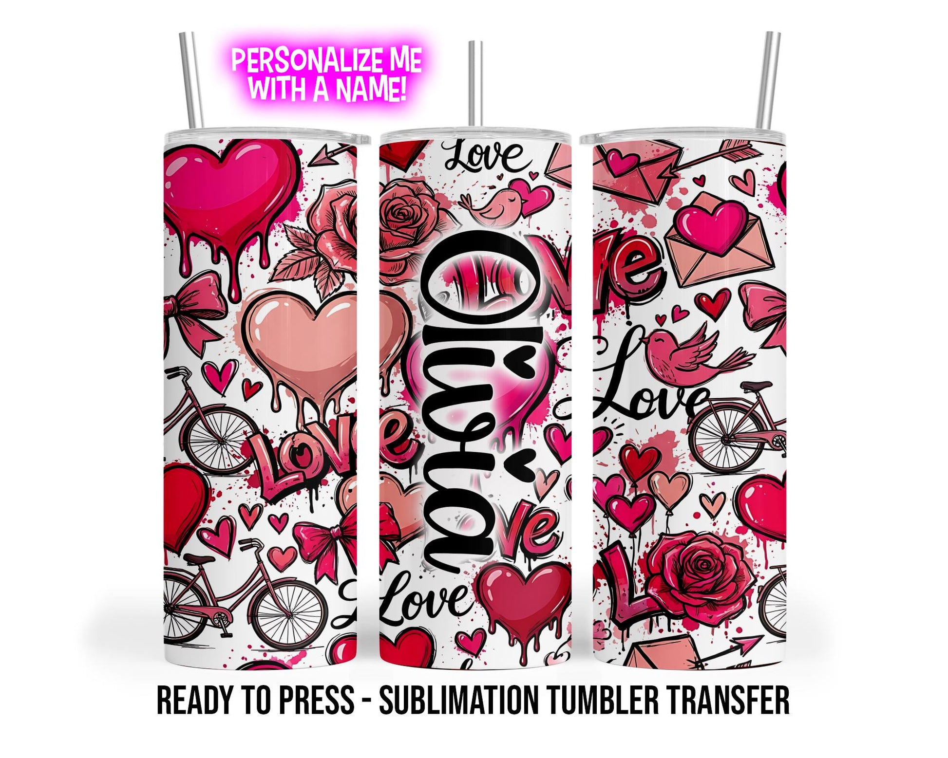 Sublimation Tumbler Transfer Print 20oz Tumbler, Ready To press Heat Transfer | Personalized Tumbler Wrap with Name Valentines Day Wraps