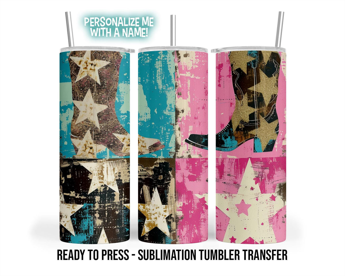 Sublimation Tumbler Transfer Print 20oz Tumbler, Ready To press Heat Transfer | Vintage Cowgirl boots | Star Theme Boot | Western Cup Wraps