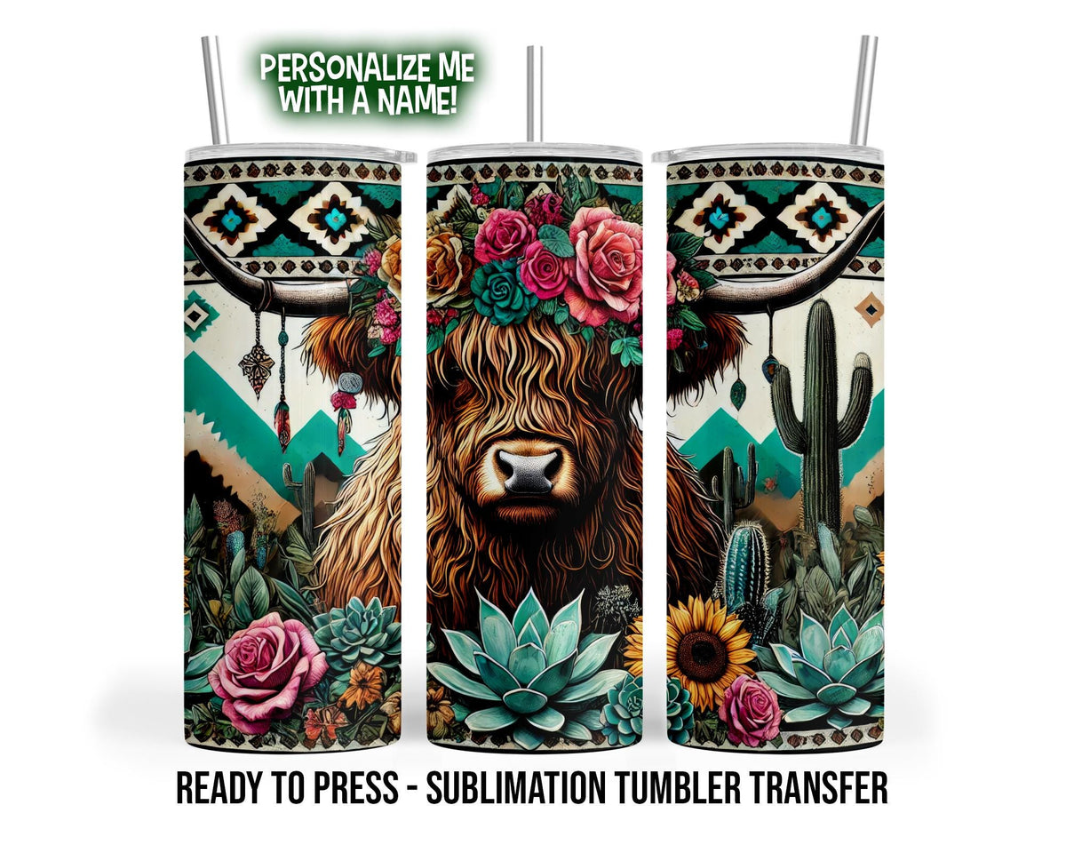 Sublimation Tumbler Transfer Print 20oz Tumbler, Ready To press Heat Transfer | Highland Cow Desert Theme