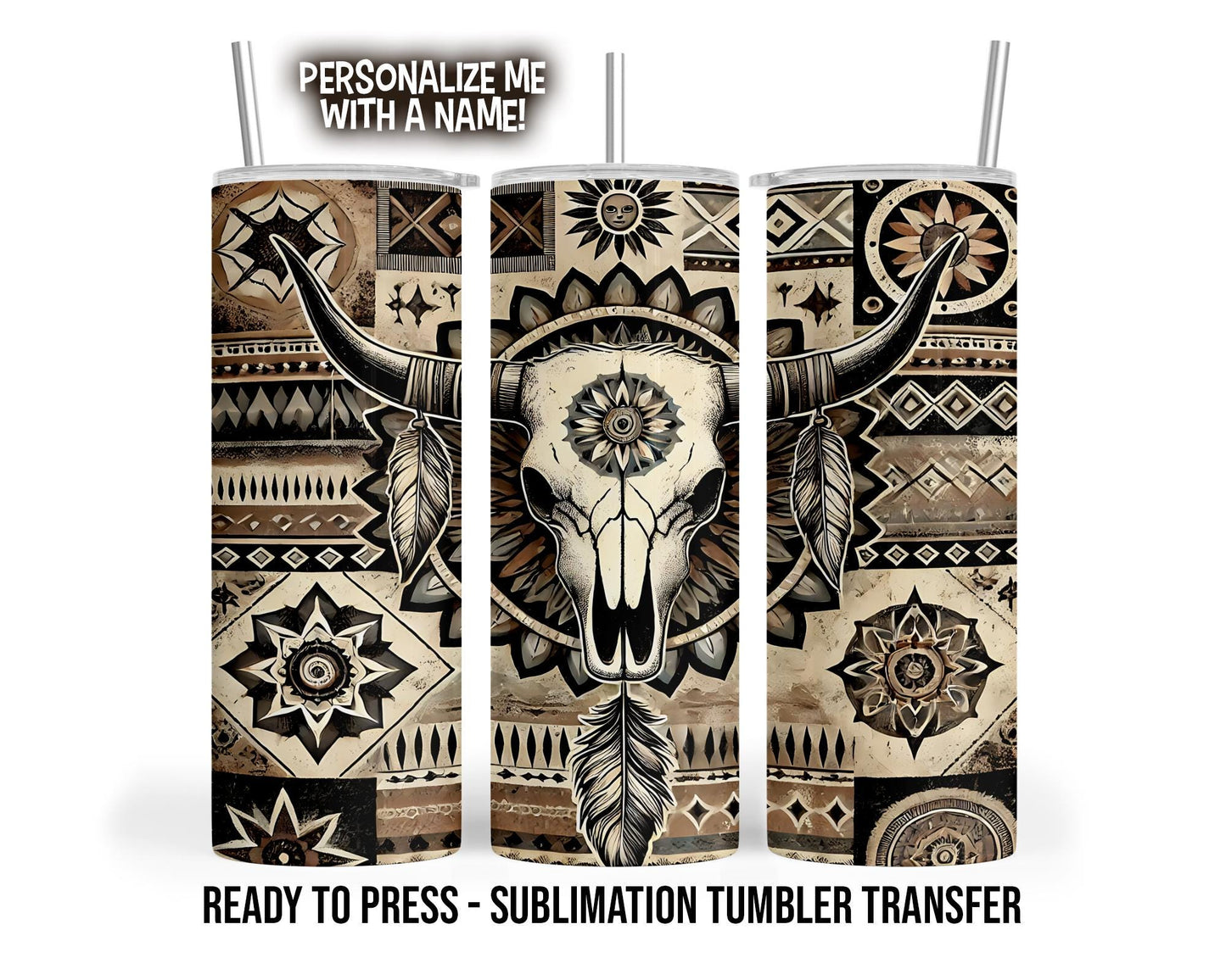 Sublimation Tumbler Transfer Print 20oz Tumbler, Ready To press Heat Transfer Bull Skull Tribal Theme