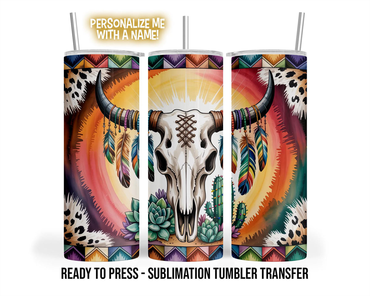 Southwestern Bull Skull Sublimation Transfer Print For 20 oz Tumblers - 30 oz Tumblers Heat Transfers Ready to press
