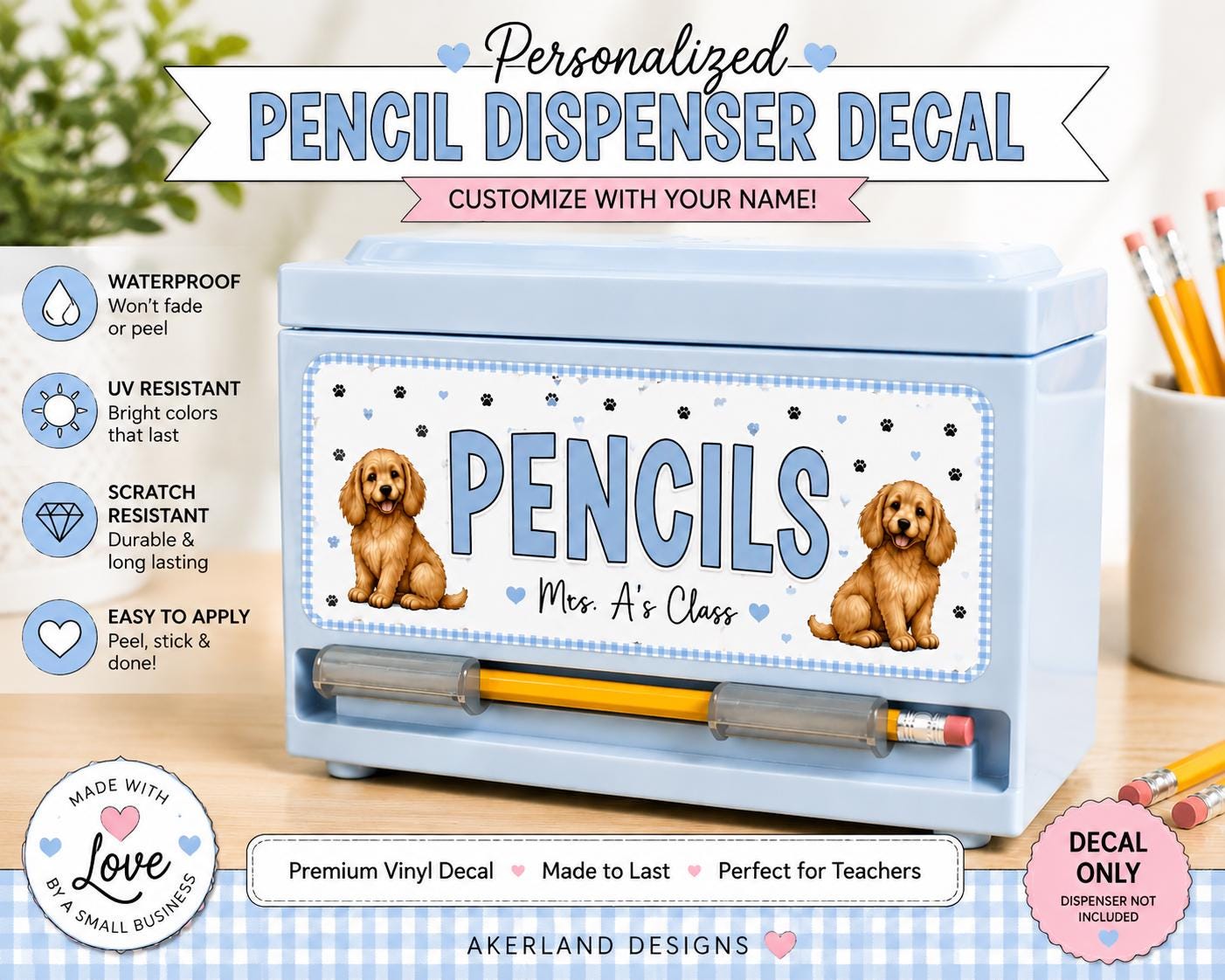 Personalized Pencil Dispenser Vinyl Decal | Waterproof Sticker | Teacher Classroom Organization | Custom Teacher Name Label | Mini Dachshund