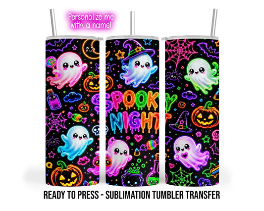 Halloween Neon Spooky Sublimation Tumbler Transfer Print 20oz Tumbler, Ready To press Heat Transfer, Great for glow in the dark tumblers!