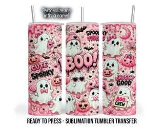 Pink Halloween Ghost Tumbler Sublimation Transfer, Cute Spooky Bows, Ready to Press, 20 oz or 30 oz