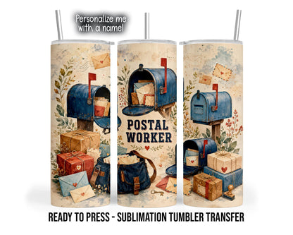 Three tumbler mockup views display a vintage postal design on a distressed cream background. Blue mailboxes with red flags appear among envelopes with heart seals, twine-tied parcels, a blue mailbag, leafy sprigs, and small flowers. The center view reads “POSTAL WORKER” in dark block lettering above a red heart.