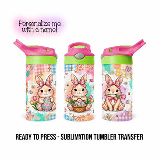 Easter Bunny 12oz Kids Tumbler Sublimation Transfer, Ready to Press, Pastel Bows and Eggs
