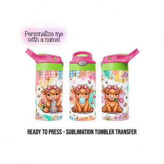 Easter Highland Cow 12oz Kids Tumbler Sublimation Transfer, Ready to Press, Pastel Bows and Flowers