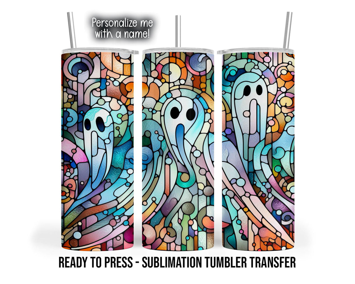 Three skinny tumbler mockups show a colorful ghost design with bold black outlines resembling stained glass. White ghosts with black oval eyes and elongated flowing bodies appear among curved geometric shapes and swirls in turquoise, blue, pink, lavender, orange, and pale green.
