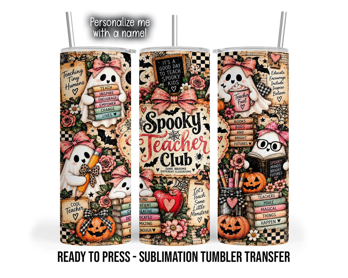 Three tumbler mockups show a vintage Halloween teacher collage with white ghosts wearing pink bows, stacked books, pencils, roses, orange jack-o’-lanterns, bats, spiderwebs and checkerboard accents. Central lettering reads “Spooky Teacher Club” with “Same Brooms Different Classrooms” below. Cream, black, coral pink and muted green details fill the wrap.
