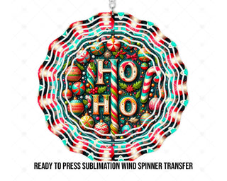 Christmas Ho Ho Wind Spinner Sublimation Transfer, Ready to Press, Candy Cane and Ornament Design