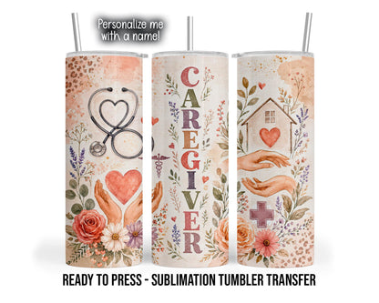 Three tumbler mockup views show a cream and peach caregiver design with vertical multicolored CAREGIVER lettering, a heart-shaped stethoscope, hands cradling a coral heart, a house with a heart above open hands, and a medical cross. Coral roses, daisies, purple floral sprigs, muted green leaves, and spotted accents surround the artwork.